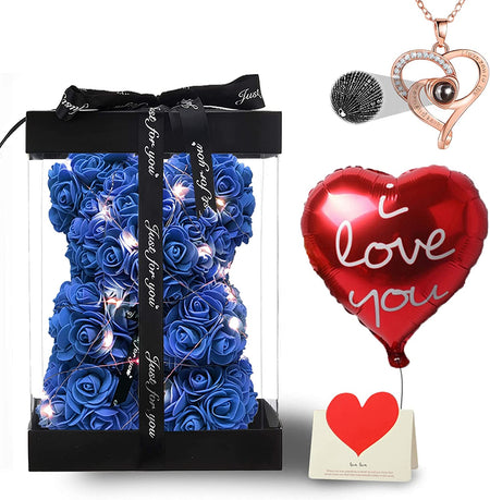 Rose Bear Gifts for Women, Flower Bear Rose Teddy Bear with Box Lights Necklace Balloon Card, Cute Romantic I Love You Anniversary Birthday Gifts & Decorations