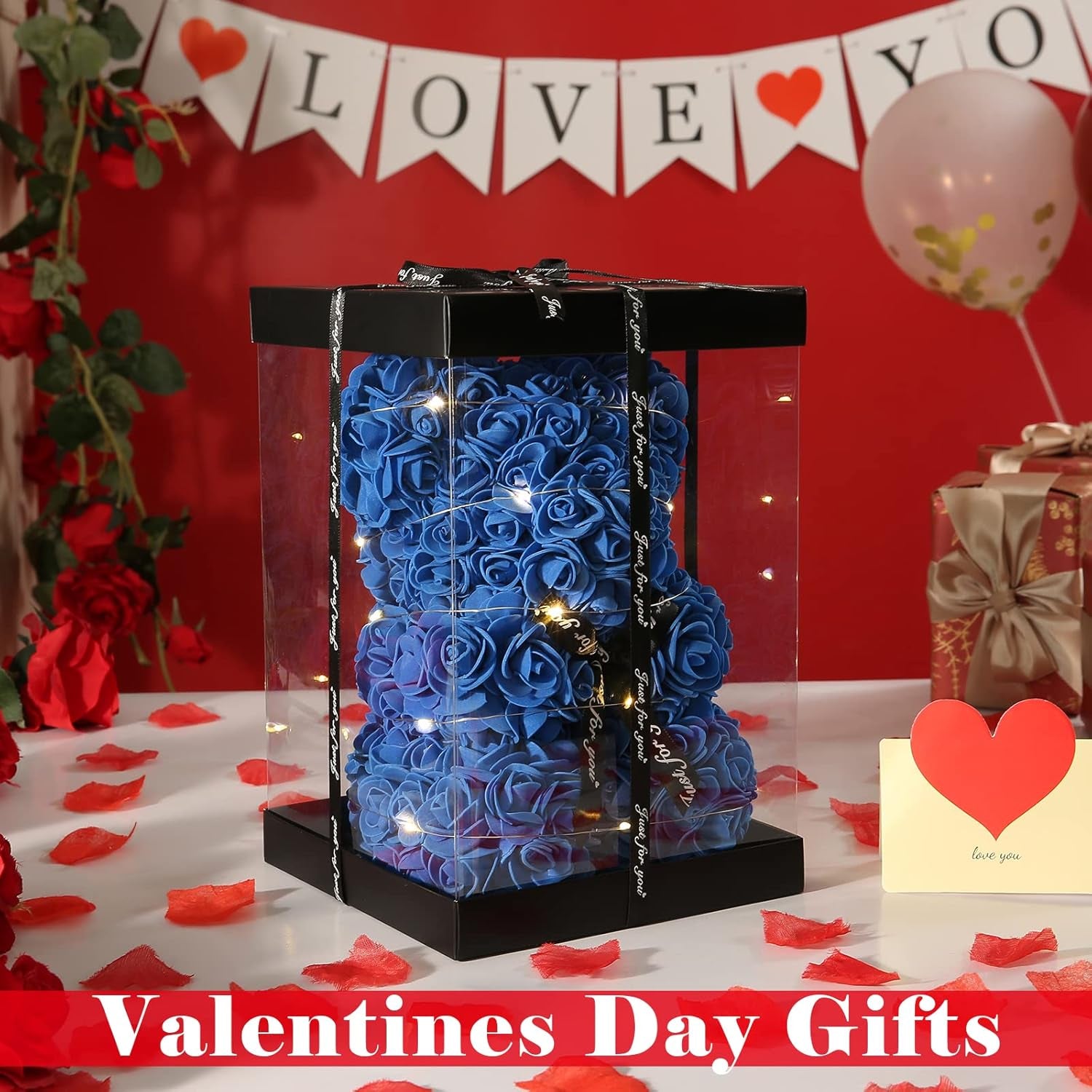 Rose Bear Gifts for Women, Flower Bear Rose Teddy Bear with Box Lights Necklace Balloon Card, Cute Romantic I Love You Anniversary Birthday Gifts & Decorations