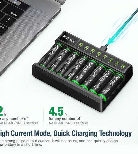 8 Bay Smart Battery Charger with AA & AAA Rechargeable Batteries- Fast Charging Household and 2800Mah Batteries 4 Pack 1100Mah