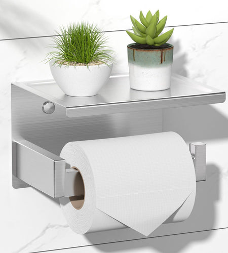 Brushed Nickel Toilet Paper Holder, Stick on Silver Toilet Paper Holder with Shelf, Self Adhesive No Drill or Wall-Mount with Screws for Bathroom