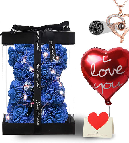 Rose Bear Gifts for Women, Flower Bear Rose Teddy Bear with Box Lights Necklace Balloon Card, Cute Romantic I Love You Anniversary Birthday Gifts & Decorations