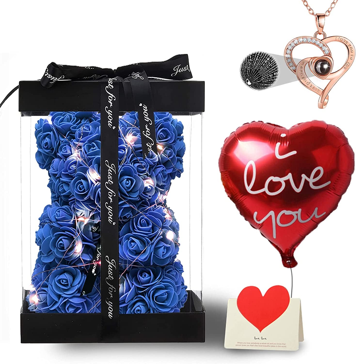 Rose Bear Gifts for Women, Flower Bear Rose Teddy Bear with Box Lights Necklace Balloon Card, Cute Romantic I Love You Anniversary Birthday Gifts & Decorations