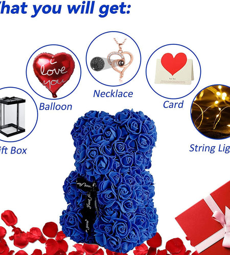 Rose Bear Gifts for Women, Flower Bear Rose Teddy Bear with Box Lights Necklace Balloon Card, Cute Romantic I Love You Anniversary Birthday Gifts & Decorations