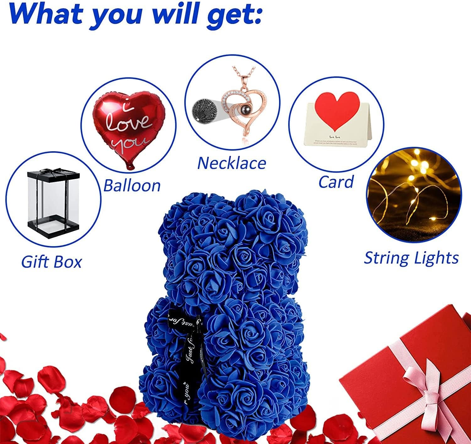 Rose Bear Gifts for Women, Flower Bear Rose Teddy Bear with Box Lights Necklace Balloon Card, Cute Romantic I Love You Anniversary Birthday Gifts & Decorations
